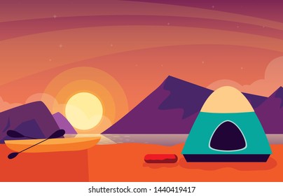 camping zone with tent sunset scene