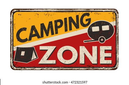 Camping zone vintage rusty metal sign on a white background, vector illustration