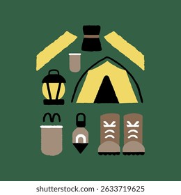 Camping-themed pattern: tents, lanterns, boots, thermoses in earthy green tones