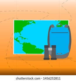 Campipng backpack, map, and binoculars. Travel and tourism - Vector