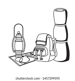 Campng backpack and sleeping with lantern on map ,vector illustration graphic design.