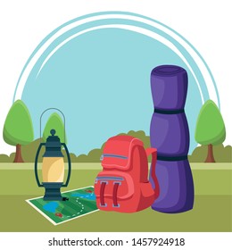 Campng backpack and sleeping with lantern on map nature outdoors scenery background ,vector illustration graphic design.
