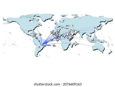 Campo Grande-Brazil in concept vector illustration, map showing flights from Campo Grande-Brazil to major cities around the world.