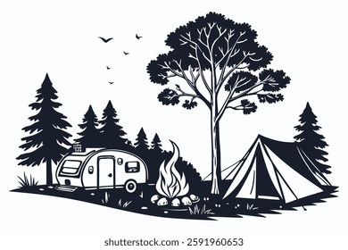 Campsite with bonfire Black color line art