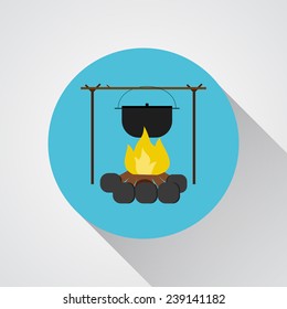 Campsite Bonfire with a camping pot - vector icon with shadow on a round blue button. White background.