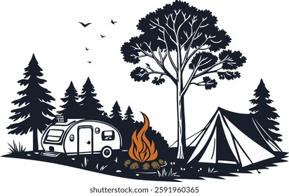 Campsite with bonfire clean silhouette color