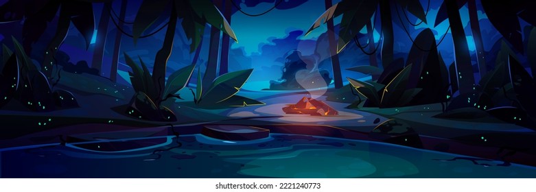 Campsite with bonfire in jungle at night. Dark rainforest landscape with lake or river, trees, path and smoldering campfire on shore, vector cartoon illustration