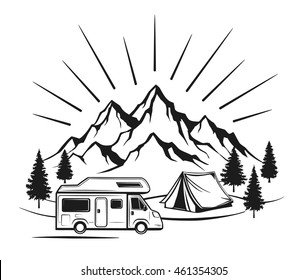 Campsite with camper caravan,  tent, rocky mountains, pine forest. family vacation  outdoor scene