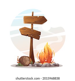 Campsite with campfire, log and guidepost. Camping, traveling, trip, hiking, camper, nature, journey concept. Isolated vector illustration for poster, banner, card, postcard.