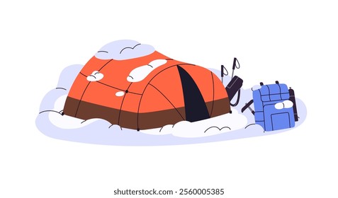 Campsite, campground during winter travel in mountains, alpinism. Tent with hiking equipment on snow rock for camping while mountaineering. Flat isolated vector illustration on white background