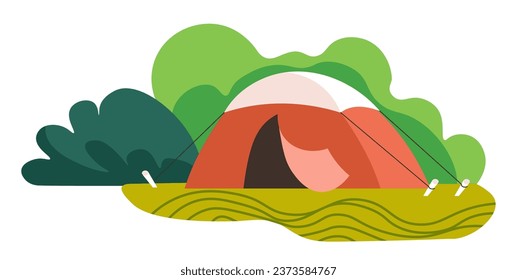 Campsite with camping tent and place to sleep for travelers. Isolated dwelling for tourists and hikers, hiking and trekking in mountains. Sports and leisure summer rest. Vector in flat style