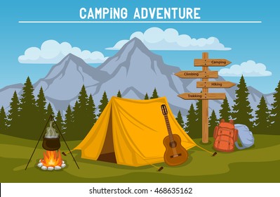 Campsite With  Camping Tent, Rocky Mountains, Pine Forest, Guitar, Pot, Campfire, Hiking Backpacks , Directional Sign. Outdoor Tourism Scene