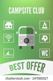 Campsite club promotion infographic with retro car and white icons. Flat design. Vector illustration
