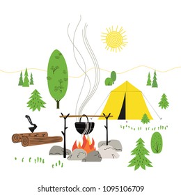 Campsite concept. Minimal flat cartoon. Campfire cooking, tent in scout tourist camp. Adventure outdoor activity symbol. Summer tourism vacation journey banner background template. Vector illustration