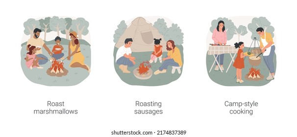 Campsite cooking isolated cartoon vector illustration set. Family sit aroun open fire, roast marshmallows on skewer, grill sausages, campfire cooking, camp-style kitchen vector cartoon.