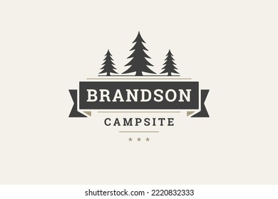 Campsite extreme leisure activity vintage logo design template spruce trees forest and decorative ribbon vector illustration. Wild touristic wood scenery pines adventure hobby business mark
