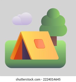A campsite featuring a tent and a tree. fake 3d flat editable colorful illustration. Camping symbol label design