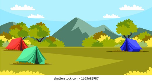 Campsite flat vector illustration. Camping with tents on mountain background. Active lifestyle. Outdoor leisure, holiday relaxation, hiking concept. Nature tourism, summer landscape
