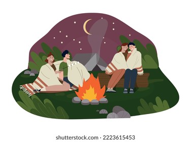 Campsite with friends. Young couples sit near bonfire and fry marshmallow on stick. Comfort and coziness, active lifestyle and recreation. Travel and tourism. Cartoon flat vector illustration