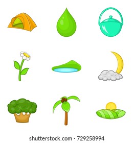 Campsite icons set. Cartoon set of 9 campsite vector icons for web isolated on white background