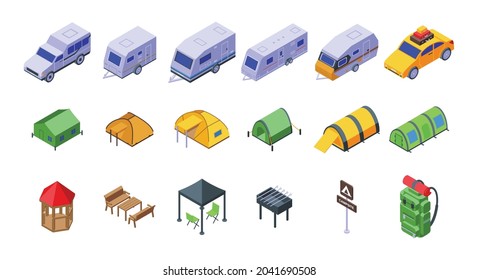 Campsite icons set isometric vector. Backpack activity. Campfire blaze