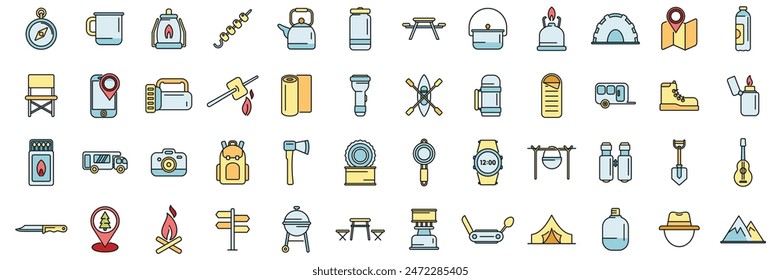 Campsite icons set outline vector. Activity campfire. Tent axe thin line color flat on white