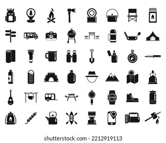 Campsite icons set simple vector. Activity campfire. Tent axe