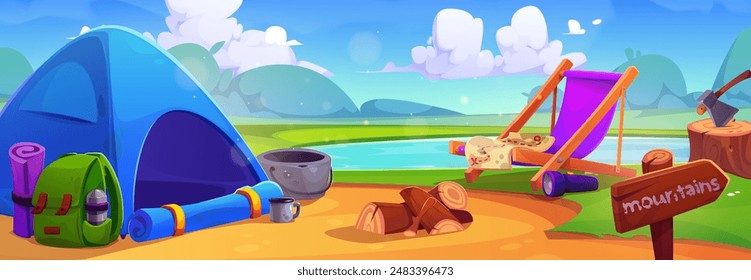 Campsite near lake on summer sunny day with camp tent and firewood, lounge chair and map, tourist backpack and pot for cooking. Cartoon vector landscape with outdoor travel equipment. Eco tourism.