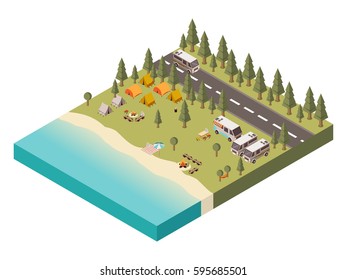 Campsite near lake with umbrella on beach bonfire and tourist gear transport and road isometric vector illustration