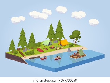 Campsite near the river. 3D lowpoly isometric vector concept illustration