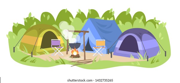 Campsite With No People Flat Vector Illustration. Forest Camp, Tents Chairs And Camping Pot. Landscape Tourism. Cooking Food On Bonfire, Outdoor Picnic. Empty Campground  Isolated On White Background