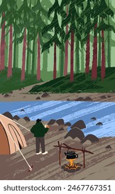 Campsite on river shore with forest landscape vertical poster. Backpacker relax in camp with trekking tent. Hiker cooks on campfire. Tourist is break during hike in woodland. Flat vector illustration