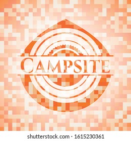 Campsite orange mosaic emblem. Vector Illustration. Detailed.