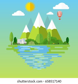 Campsite place in mountain. Forest camping landscape with traveler caravan in flat design. 