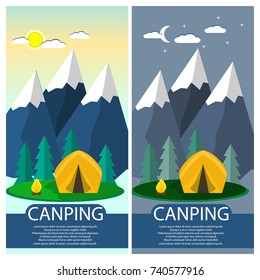 Campsite place in mountain. Hiking and camping design concept. Vector flat illustration