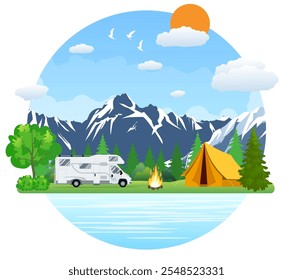 Lugar del camping en el lago de montaña. Paisaje de camping forestal con autobús de viaje rv en diseño plano. Lugar de campamento de verano con Ilustración vectorial de caravana. Área de parque nacional auto travel campground.