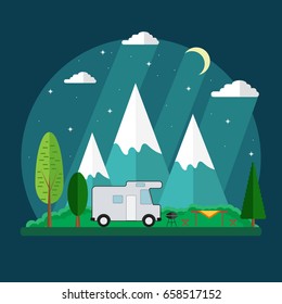 Campsite place in mountain at night. Forest camping landscape with traveler caravan in flat design.