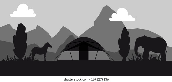 Campsite place in safari black and white silhouette vector illustration. Camping landscape with tent, horse and elephant. Exotic safari nature camp place. National park area travel campground.