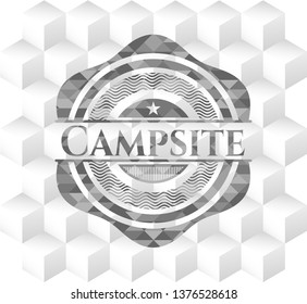 Campsite realistic grey emblem with cube white background
