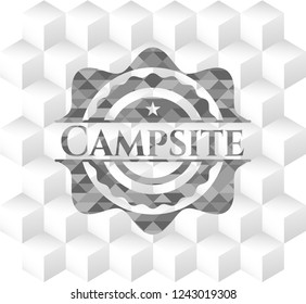 Campsite realistic grey emblem with geometric cube white background