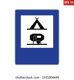 Campsite road sign. Vector illustration of blue traffic sign with tent and caravan icon inside. Caravan motorhome parking symbol on blue board isolated on white background. Travel, tourism concept.