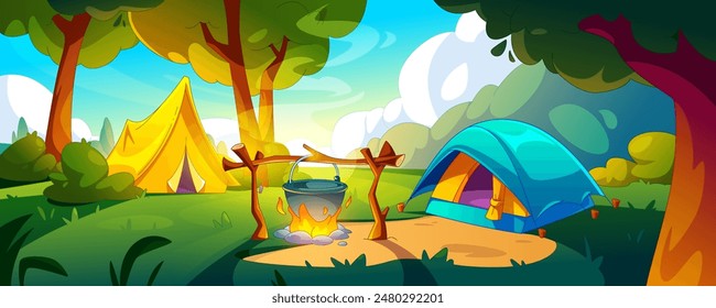 Camping con tienda y hoguera de pie en el bosque en verano día soleado. Ilustración vectorial de dibujos animados de refugio turístico y cocina en olla sobre fuego para el ecoturismo y viaje de vacaciones al aire libre.