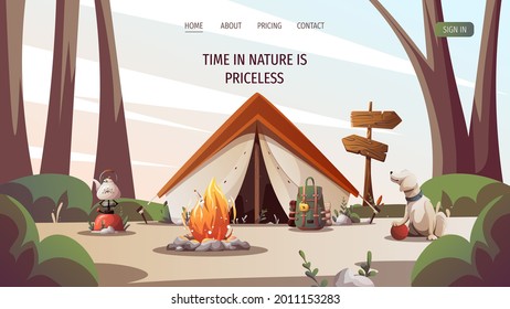 Campsite with tent, campfire, backpack, gas-burner, dog in the forest. Camping, traveling, trip, hiking, camper, nature, journey concept. Vector illustration for poster, banner, website.