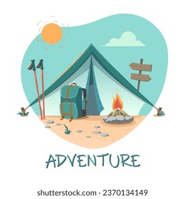 Campsite with tent, campfire, backpack, signpost. Travel concept of discovering, exploring. Camping, traveling, trip, hiking, nature. Design for coupons, vouchers, flyers. Trendy vector illustration