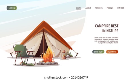 Campsite with tent, campfire, tourist chair, kerosene lamp. Camping, traveling, trip, hiking, camper, nature, journey concept. Vector illustration for poster, banner, website.