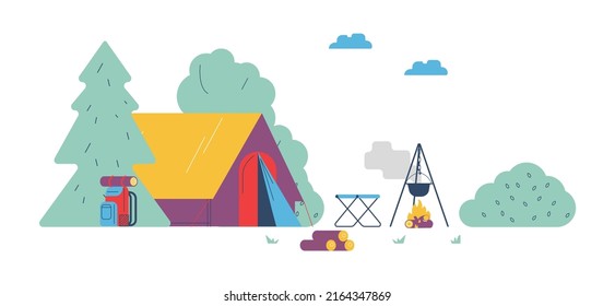 Campsite With Tent And Fire Pit, Flat Cartoon Vector Illustration Isolated On White Background. Glamping Or Camping Summer Activity And Adventure In Nature.