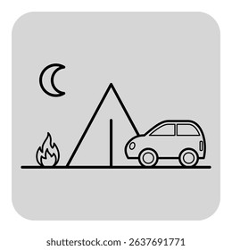 Campsite with tent set beside parked car with small fire nearby. Moon illuminating scene, creating peaceful outdoor atmosphere for relaxation