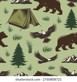 A campsite with a tent surrounded by trees mountains bears and eagles. It captures wildlife and outdoor fun. This picture represents a camping experience in the woods.