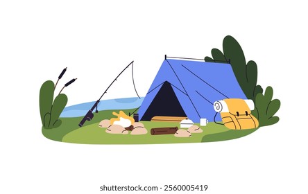 Campsite with trekking tent, campfire on lake, river shore. Campground for summer fishing. Camping, rest at hiking, travel in nature with fire. Flat isolated vector illustration on white background