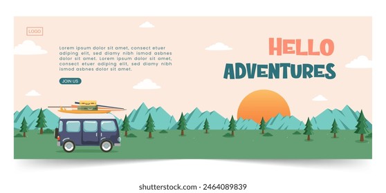 Campsite with van, tent, bonfire and outdoor picnic equipment, camper, nature, journey concept. Vector illustration for poster, banner, website..